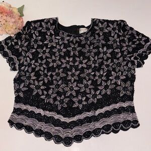 Papell Boutique Evening Blouse Womens Vintage Size XL Silk Black Beaded VTG